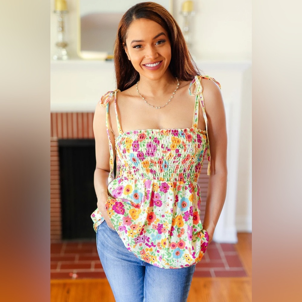 Sunny Days Yellow Floral Smocked Shoulder Tie Top